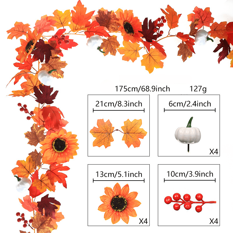 Fall Maple Leaf Garland with Sunflowers, Pumpkins & Berries