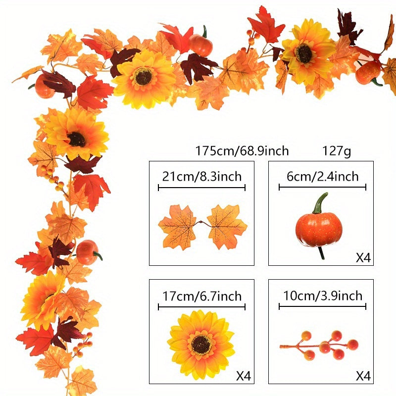 Fall Maple Leaf Garland with Sunflowers, Pumpkins & Berries