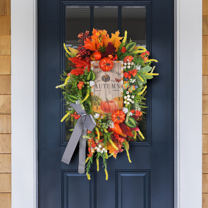 Maple Leaf & Pumpkin Bow Autumn Wreath – 21.65 Inch Fall Door Decoration