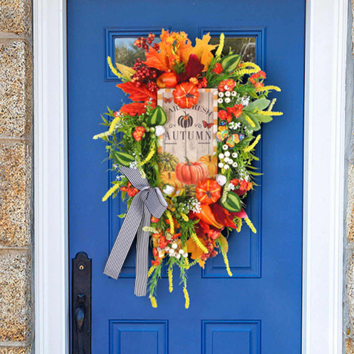 Maple Leaf & Pumpkin Bow Autumn Wreath – 21.65 Inch Fall Door Decoration