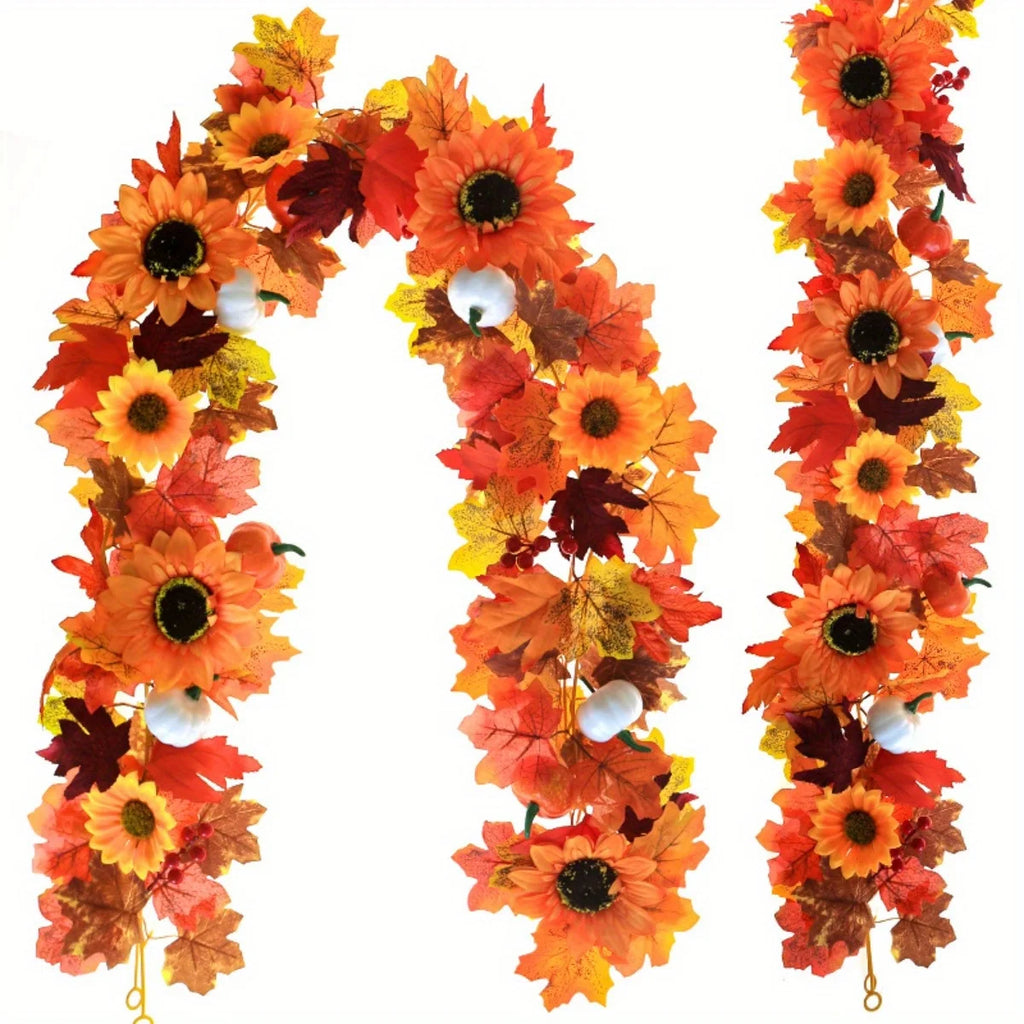 Fall Maple Leaf Garland with Sunflowers, Pumpkins & Berries