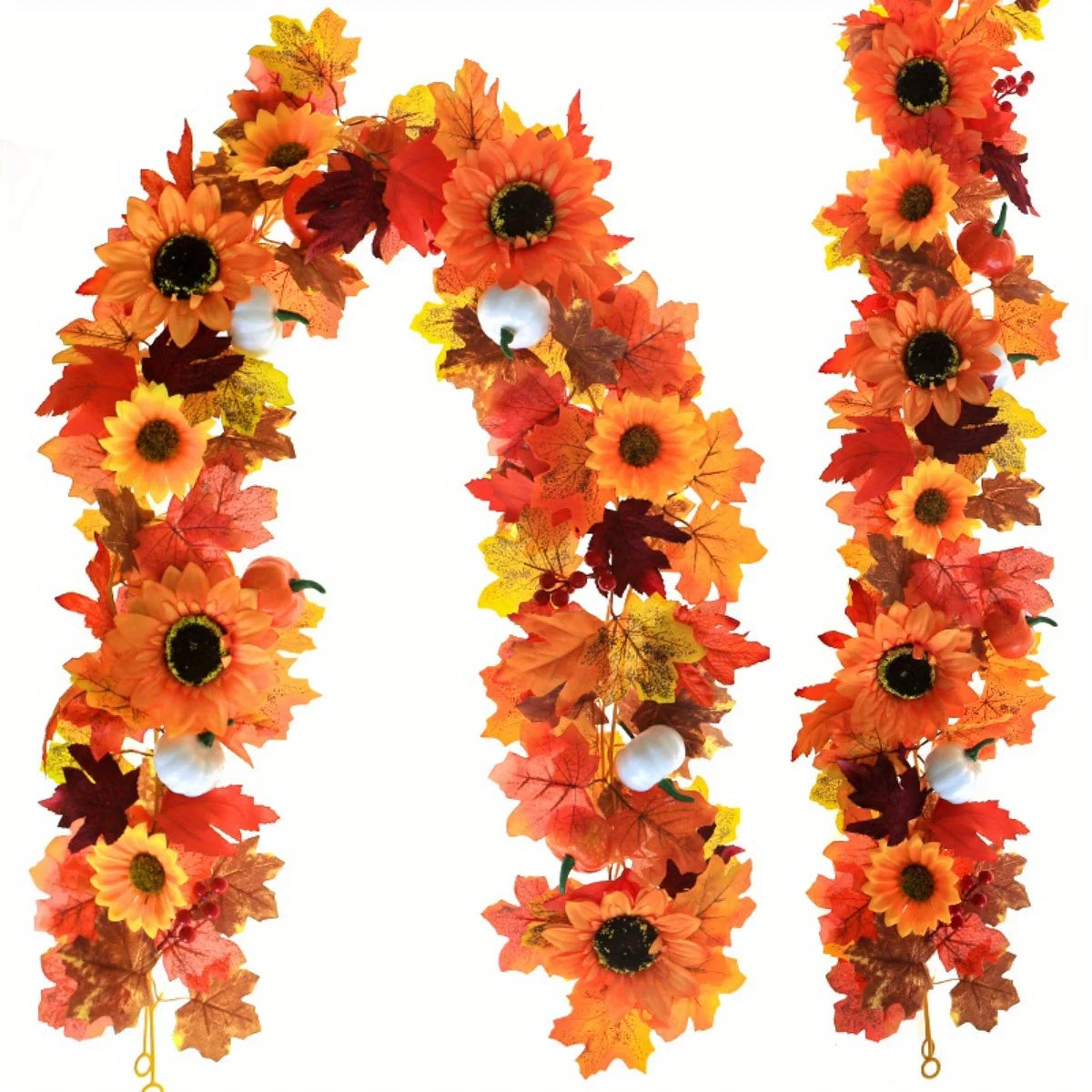 Fall Maple Leaf Garland with Sunflowers, Pumpkins & Berries