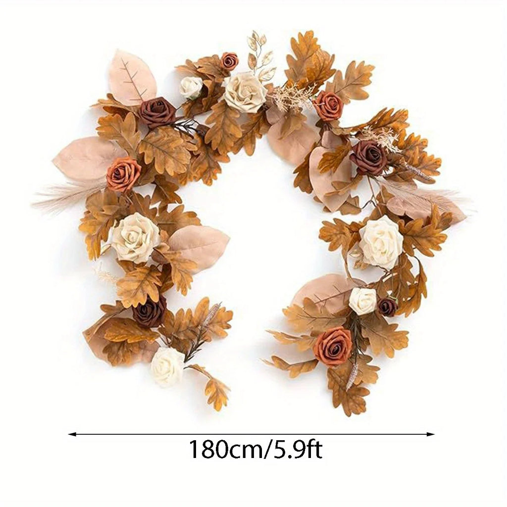 5.9ft Fall Eucalyptus Garland with Roses – Handcrafted Floral Table Runner