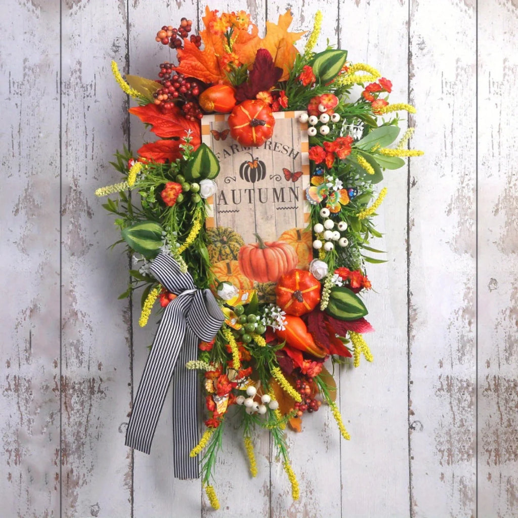 Maple Leaf & Pumpkin Bow Autumn Wreath – 21.65 Inch Fall Door Decoration