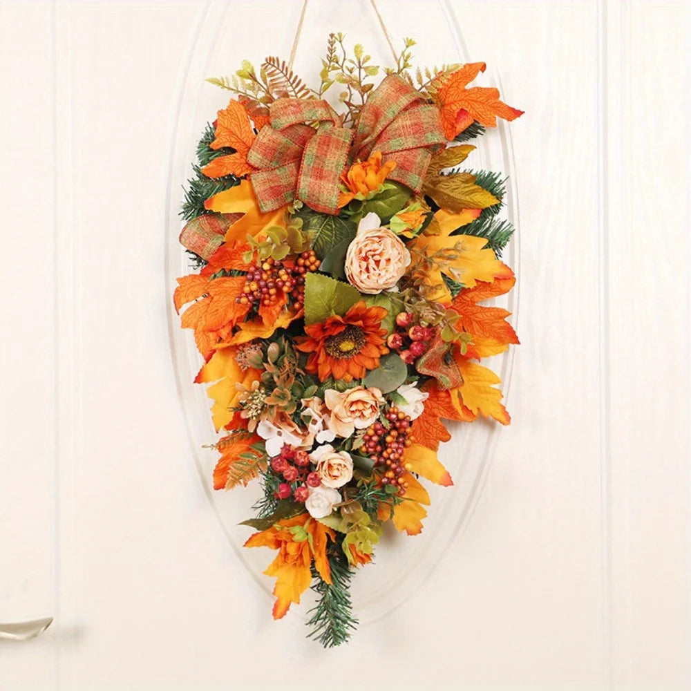 21-Inch Fall Swag Teardrop Wreath – Artificial Autumn Door Decoration