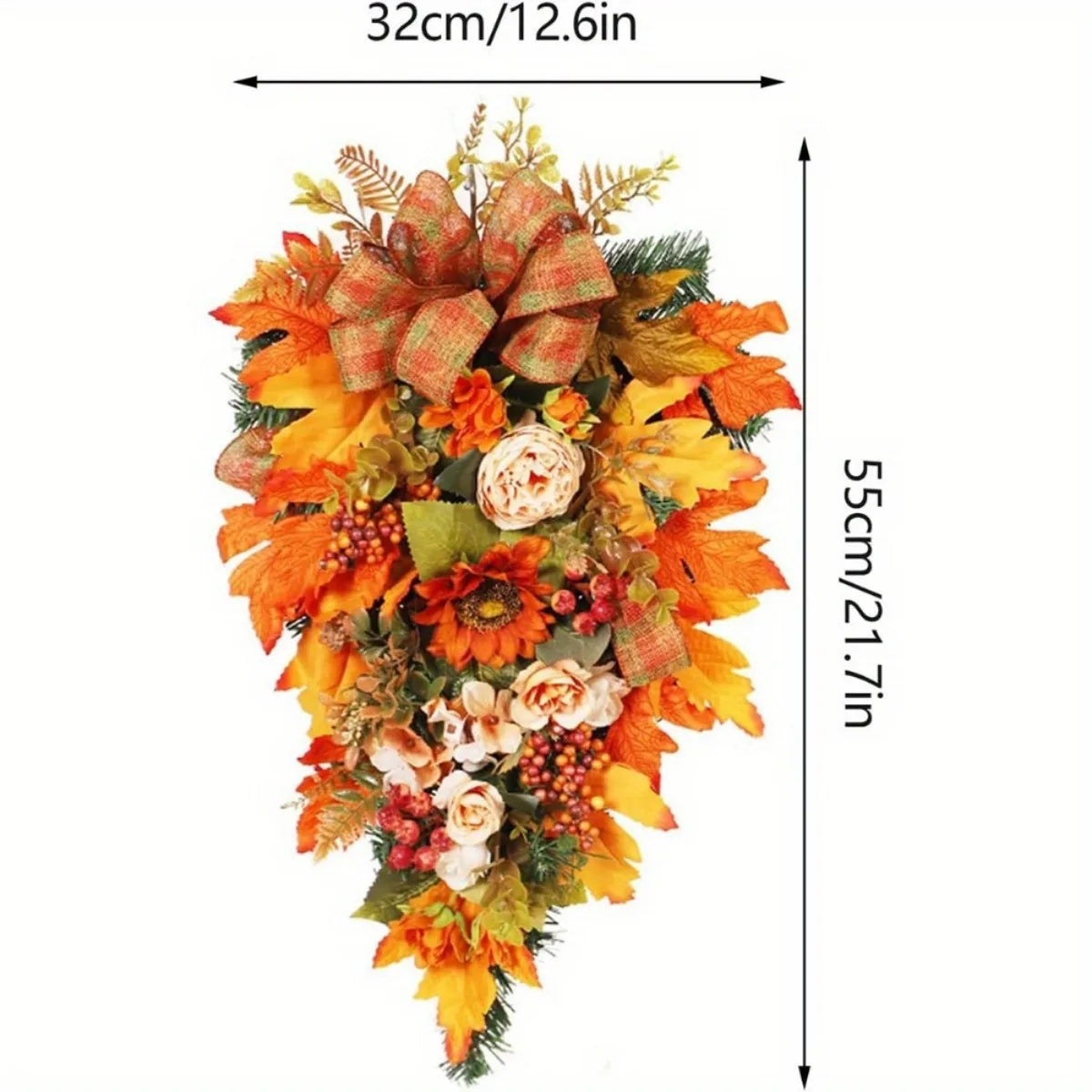 21-Inch Fall Swag Teardrop Wreath – Artificial Autumn Door Decoration