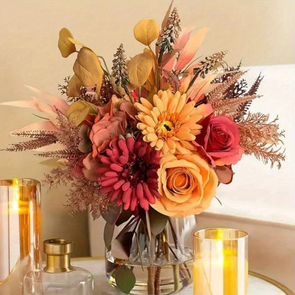 2 Bunches Artificial Fall Flower Bouquets – Faux Silk Floral Arrangements