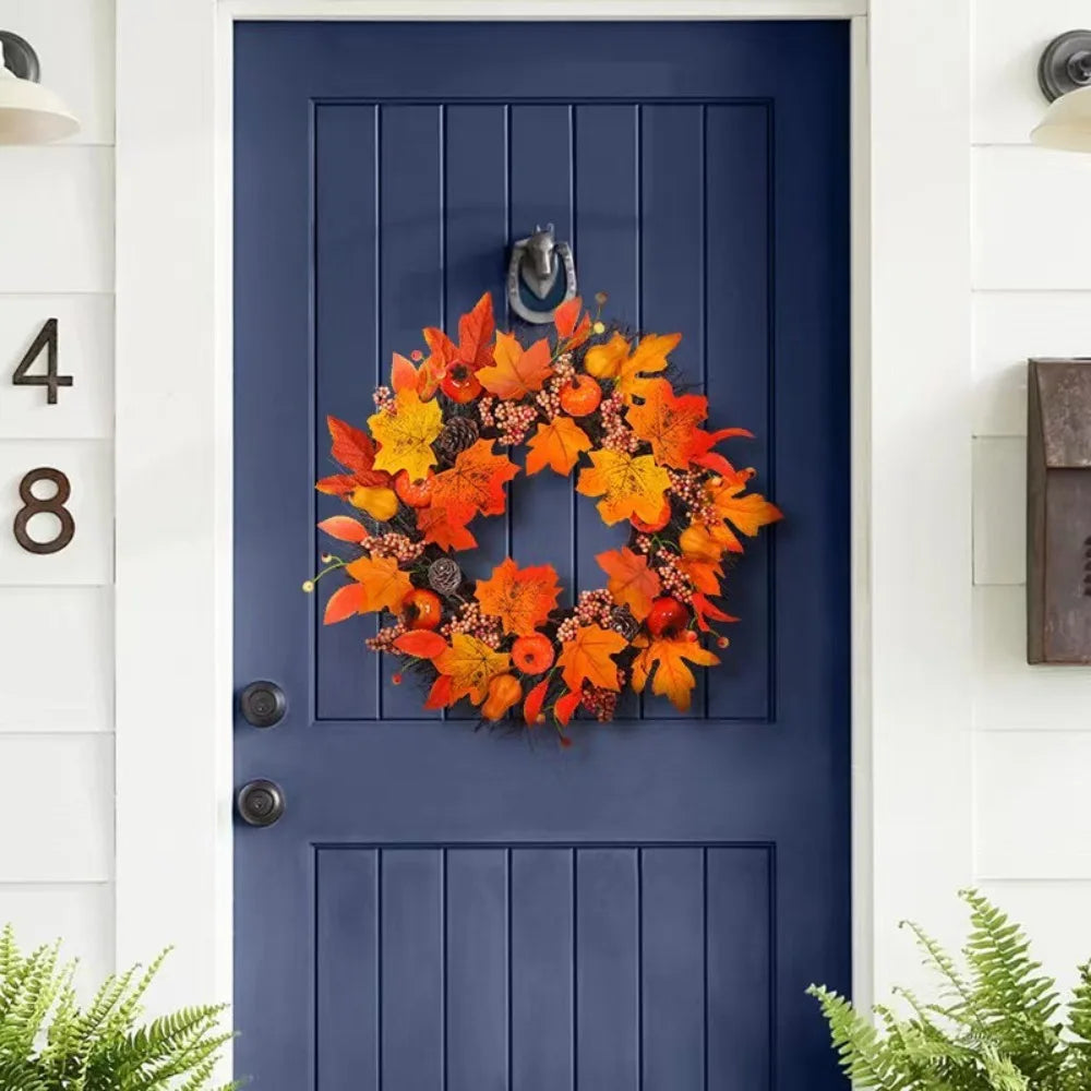 Fall Maple Leaf & Pumpkin Wreath – Autumn Front Door Decoration