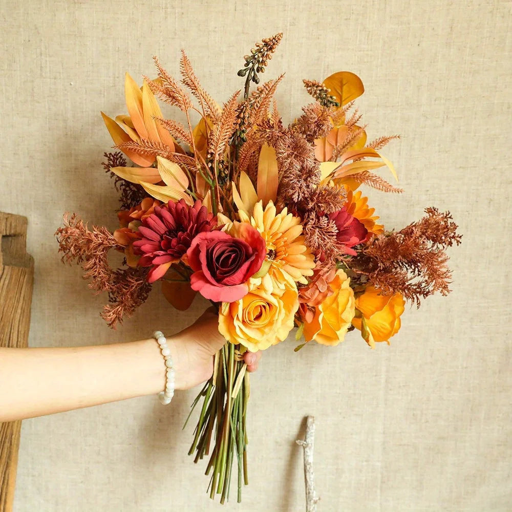 2 Bunches Artificial Fall Flower Bouquets – Faux Silk Floral Arrangements