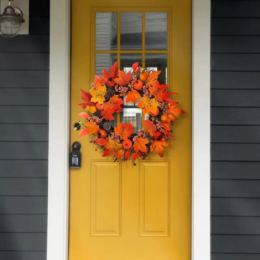 Fall Maple Leaf & Pumpkin Wreath – Autumn Front Door Decoration