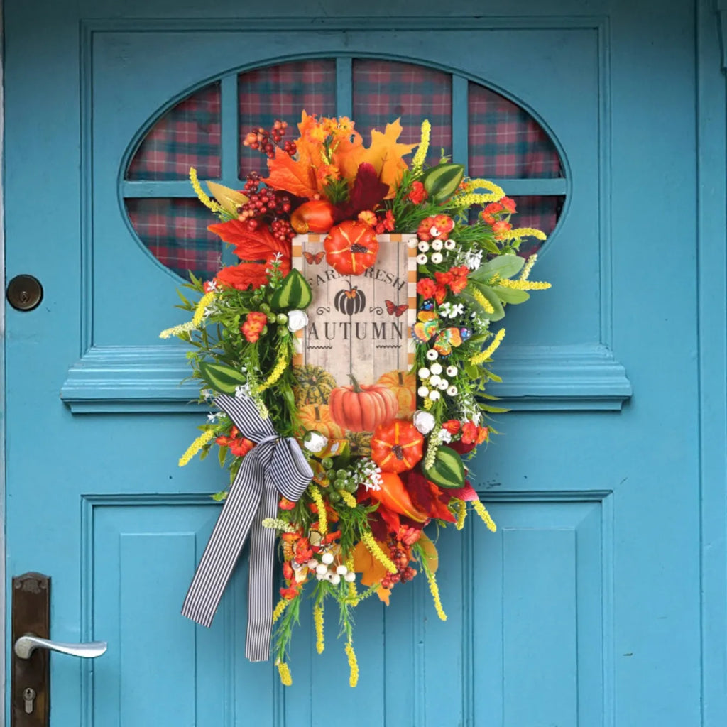 Maple Leaf & Pumpkin Bow Autumn Wreath – 21.65 Inch Fall Door Decoration