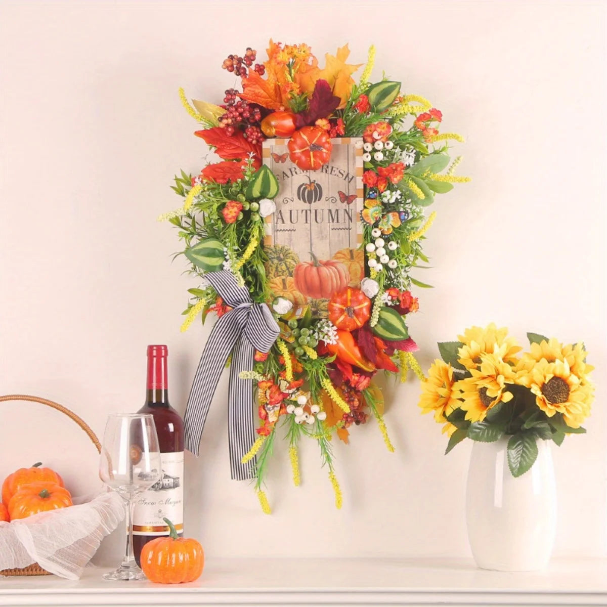 Maple Leaf & Pumpkin Bow Autumn Wreath – 21.65 Inch Fall Door Decoration