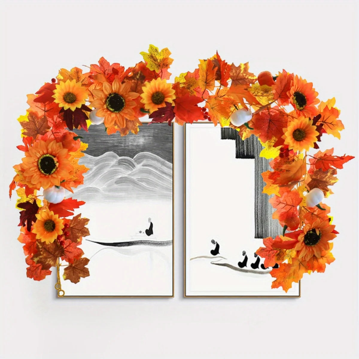 Fall Maple Leaf Garland with Sunflowers, Pumpkins & Berries