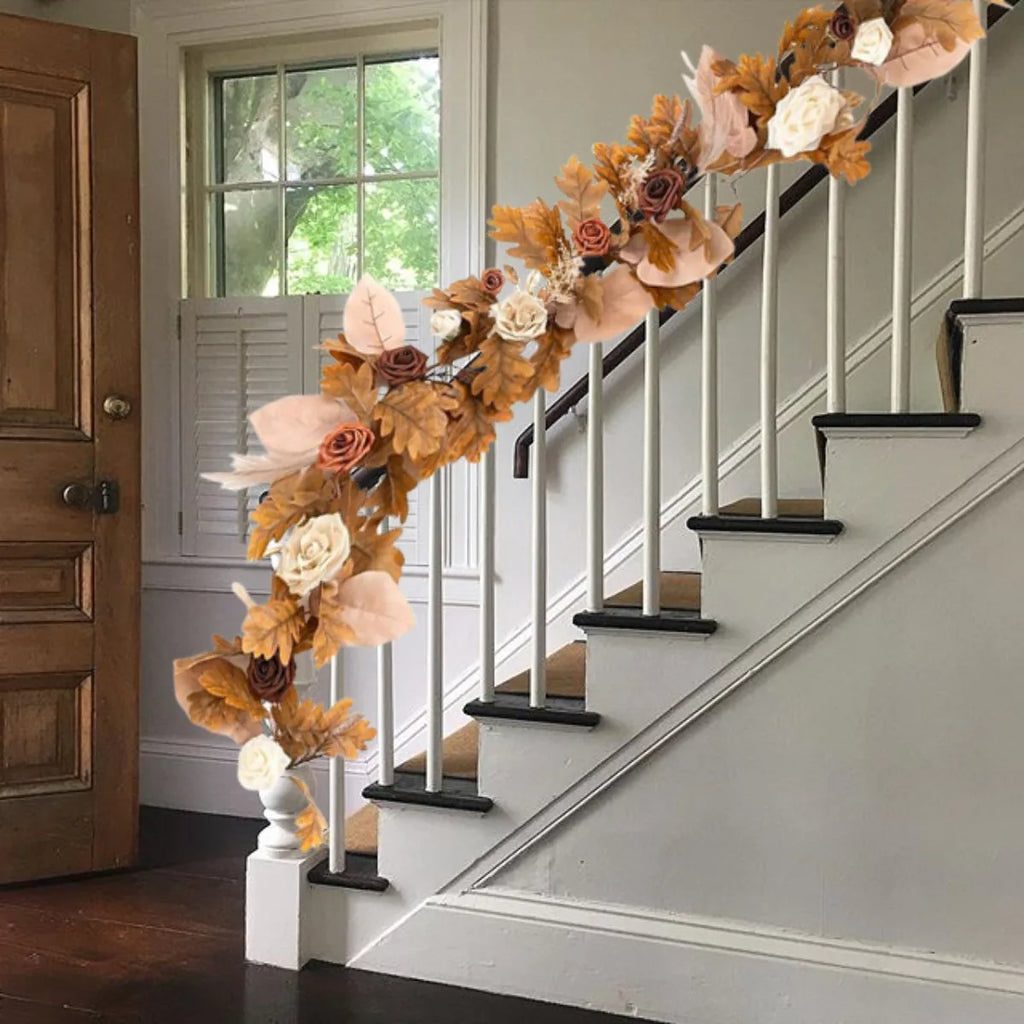 5.9ft Fall Eucalyptus Garland with Roses – Handcrafted Floral Table Runner