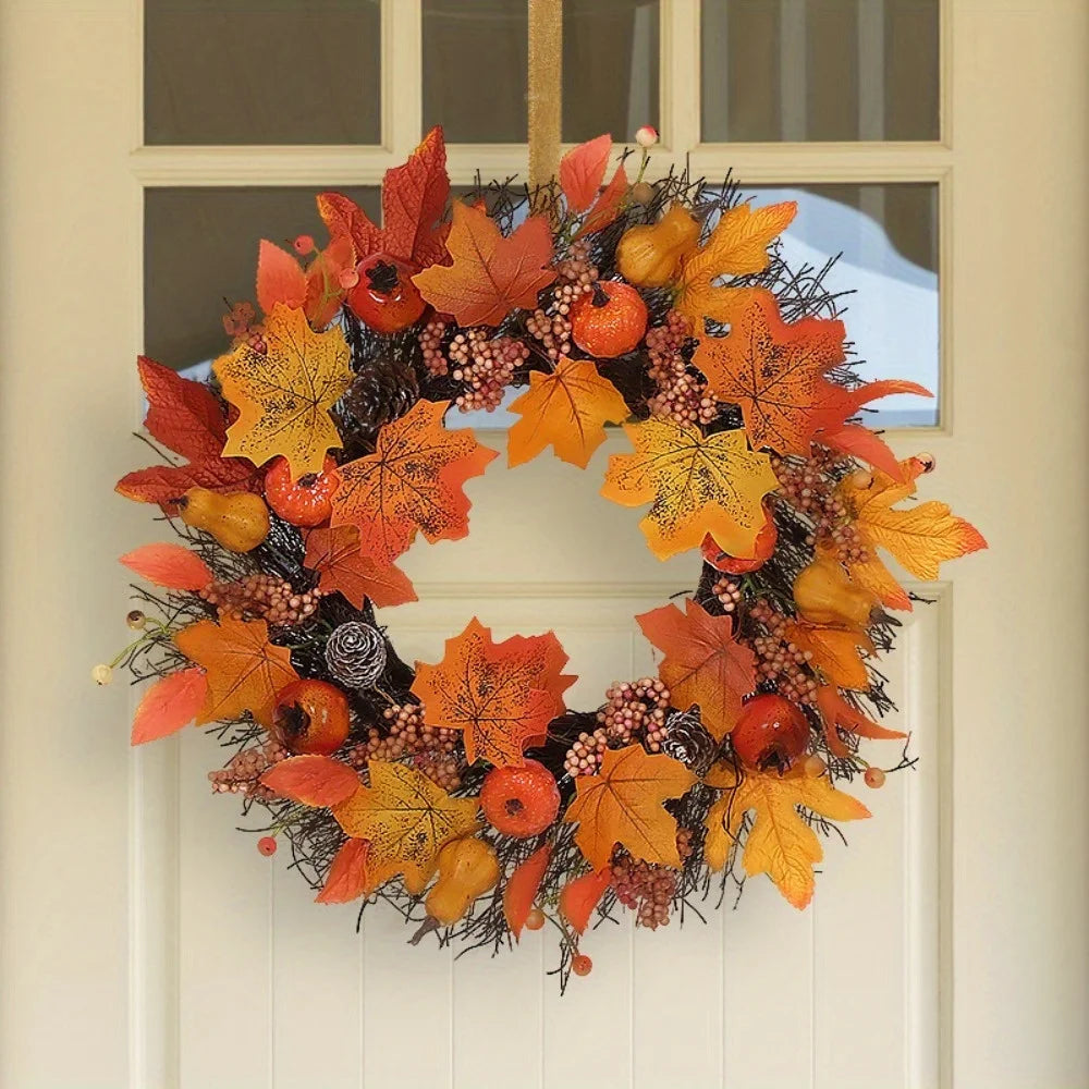 Fall Maple Leaf & Pumpkin Wreath – Autumn Front Door Decoration