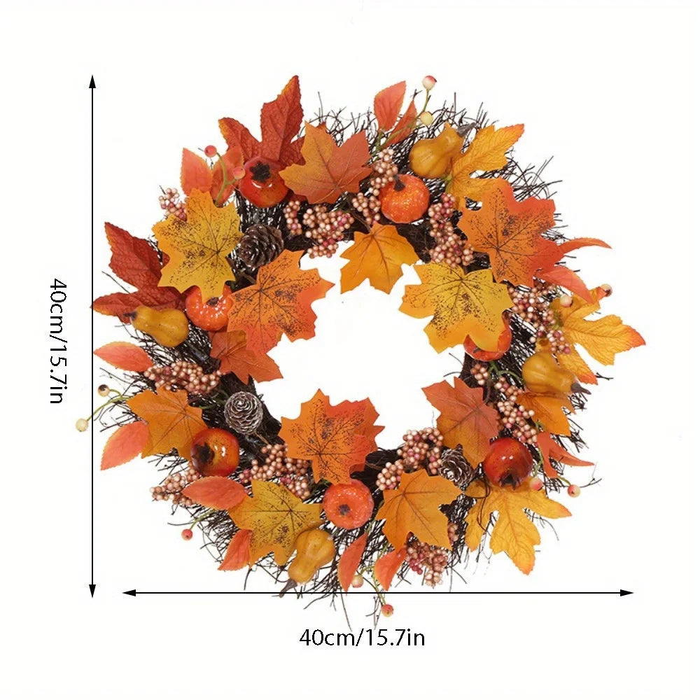 Fall Maple Leaf & Pumpkin Wreath – Autumn Front Door Decoration