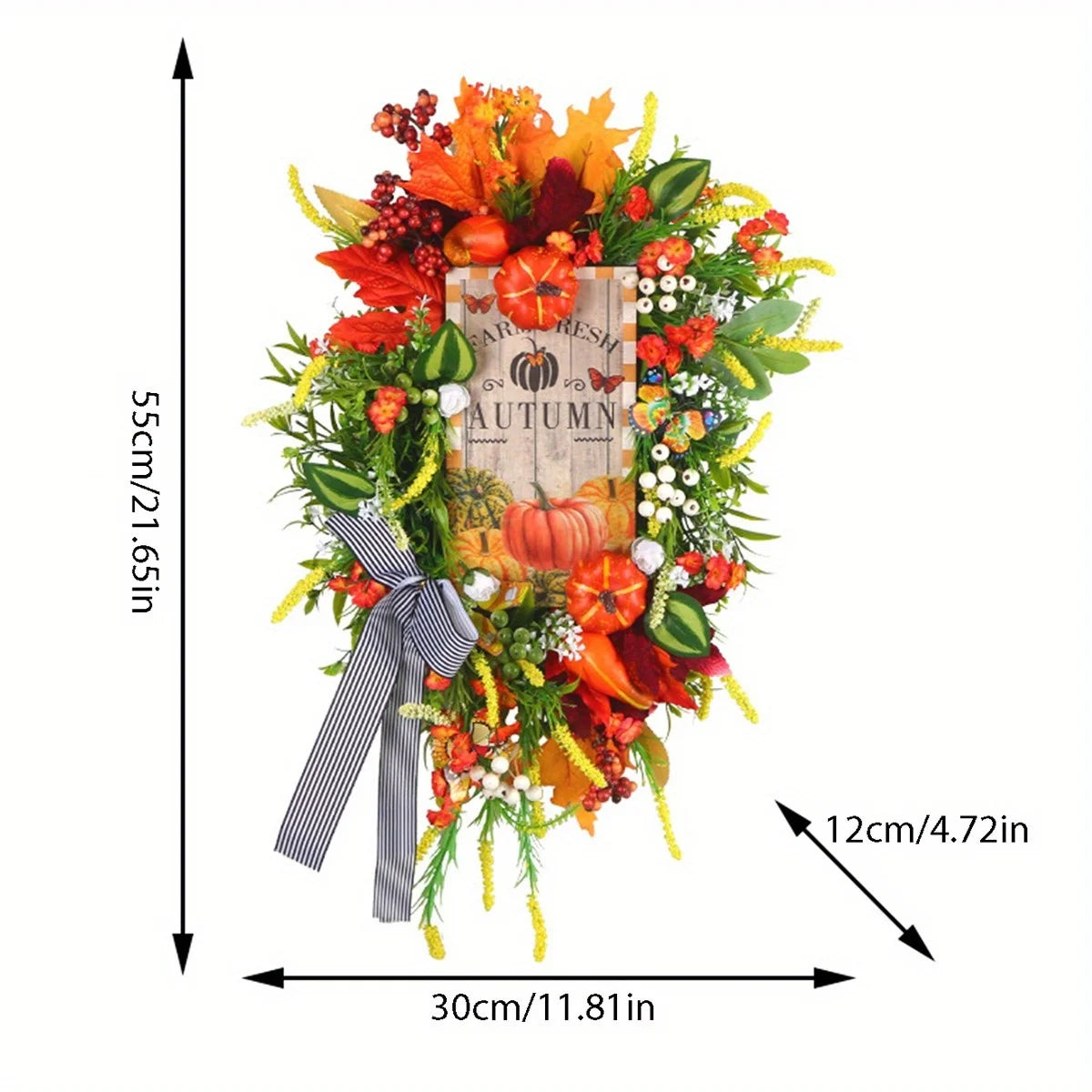 Maple Leaf & Pumpkin Bow Autumn Wreath – 21.65 Inch Fall Door Decoration